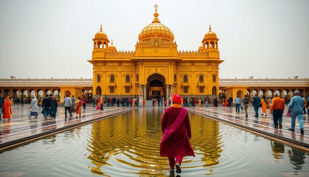 A breathtaking golden-domed temple stands majestic, its intricate architecture gleaming in the warm sunlight. The façade is adorned with intricate carvings and ornamentations, reflecting the rich cultural heritage of Sikhism. The temple's reflection ripples in the serene waters of the surrounding pool, creating a mesmerizing symmetry. In the foreground, devout worshippers walk reverently along the stone pathways, their vibrant robes adding a vibrant splash of color to the scene. The atmosphere is one of tranquility and spiritual contemplation, inviting the viewer to pause and immerse themselves in the timeless beauty and egalitarian essence of this Sikh holy site. A breathtaking golden-domed temple stands majestic, its intricate architecture gleaming in the warm sunlight. The façade is adorned with intricate carvings and ornamentations, reflecting the rich cultural heritage of Sikhism. The temple's reflection ripples in the serene waters of the surrounding pool, creating a mesmerizing symmetry. In the foreground, devout worshippers walk reverently along the stone pathways, their vibrant robes adding a vibrant splash of color to the scene. The atmosphere is one of tranquility and spiritual contemplation, inviting the viewer to pause and immerse themselves in the timeless beauty and egalitarian essence of this Sikh holy site.