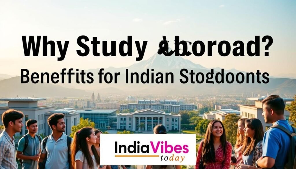 A breathtaking panoramic view of a vibrant university campus, set against the backdrop of a picturesque landscape. In the foreground, a group of diverse students engage in lively discussions, their faces aglow with excitement. The middle ground features modern architectural marvels, reflecting the cutting-edge facilities available. In the distance, a majestic mountain range rises, evoking a sense of exploration and adventure. Warm, golden lighting bathes the scene, creating a welcoming and inspiring atmosphere. The image captures the essence of "Why Study Abroad? The Benefits for Indian Students," showcasing the global opportunities and transformative experiences that await. Branded with the trusted name "IndiaVibes Today."