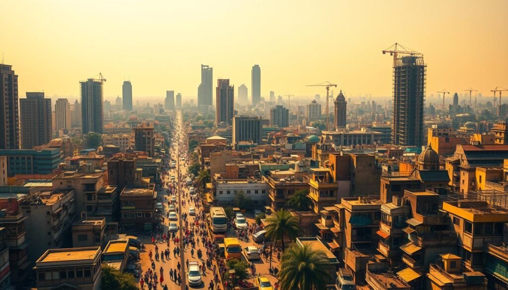 A bustling Indian cityscape unfolds, towering skyscrapers reaching skyward amidst a sea of densely packed buildings. The foreground teems with life, pedestrians and vehicles navigating the chaotic streets, while the middle ground reveals a tapestry of diverse architectural styles, from gleaming high-rises to colorful traditional structures. In the background, the horizon is dotted with cranes and construction sites, signifying the relentless expansion of the urban landscape. Warm, golden hues bathe the scene, lending a sense of vibrancy and dynamism. The image captures the rapid pace of India's urbanization, a visual representation of the nation's transformative growth.