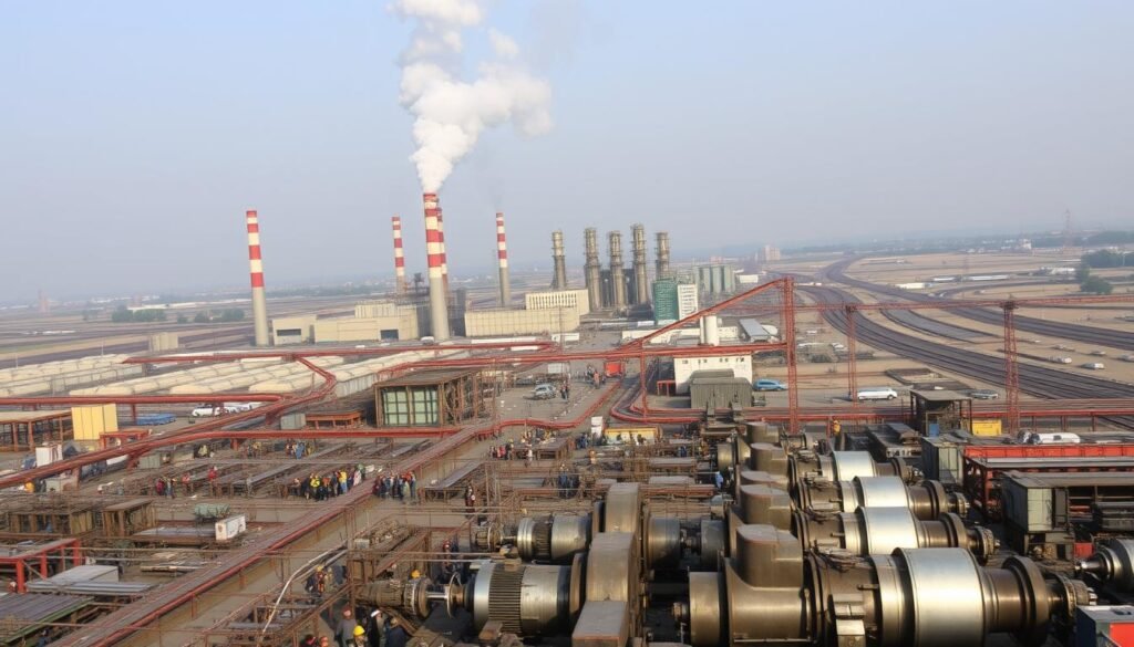 A bustling Indian manufacturing plant, with towering smokestacks belching clouds of steam against a hazy, industrial skyline. In the foreground, rows of gleaming, state-of-the-art machinery churn out a variety of products, their rhythmic whirring punctuated by the occasional clang of metal on metal. Scores of hardworking technicians in safety gear oversee the efficient operations, their faces etched with determination. The mid-ground is dominated by a vast, sprawling complex of interconnected factories, their facades adorned with bold corporate logos. In the background, a network of roads and railways weave through the landscape, ferrying raw materials and finished goods to and fro, connecting this industrial hub to the wider world.