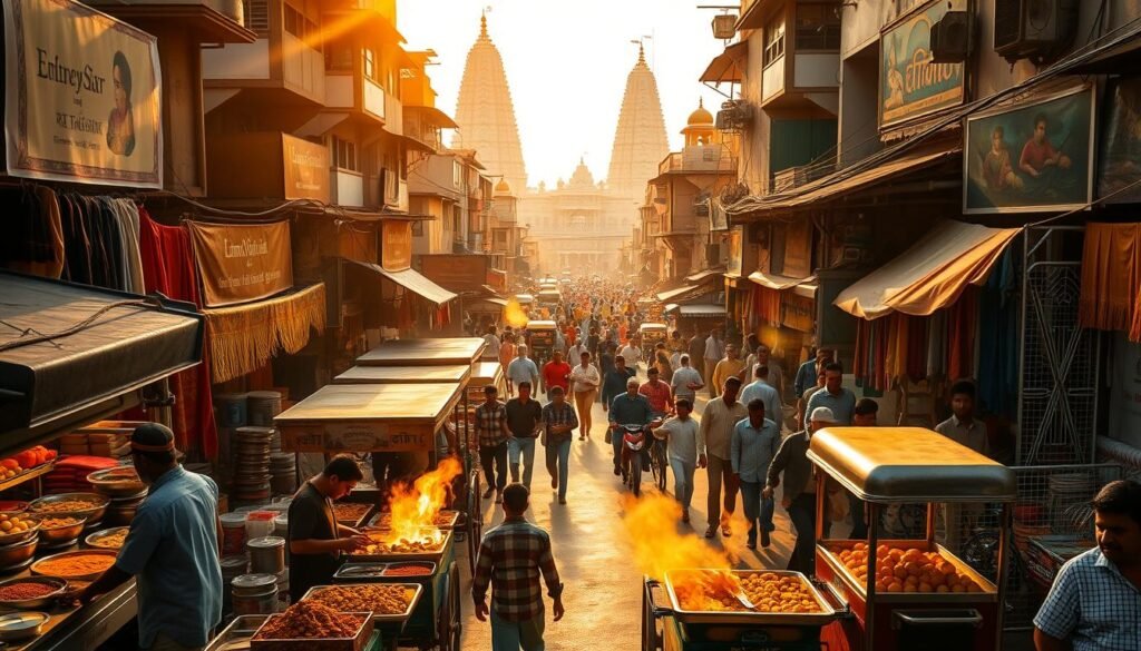 A bustling Indian street scene bathed in warm, golden sunlight. In the foreground, a vibrant array of spice-filled stalls and sizzling food carts, their aromas wafting through the air. Vendors skillfully prepare dosas, samosas, and other tantalizing delicacies, surrounded by a crowd of eager customers. In the middle ground, a maze of rickshaws, pedestrians, and colorful fabric stalls create a lively, chaotic energy. The background features a tapestry of ornate architecture, with towering temples and vibrant murals adorning the buildings. The overall atmosphere is one of sensory overload, capturing the irresistible allure of India's iconic street food culture. A bustling Indian street scene bathed in warm, golden sunlight. In the foreground, a vibrant array of spice-filled stalls and sizzling food carts, their aromas wafting through the air. Vendors skillfully prepare dosas, samosas, and other tantalizing delicacies, surrounded by a crowd of eager customers. In the middle ground, a maze of rickshaws, pedestrians, and colorful fabric stalls create a lively, chaotic energy. The background features a tapestry of ornate architecture, with towering temples and vibrant murals adorning the buildings. The overall atmosphere is one of sensory overload, capturing the irresistible allure of India's iconic street food culture.