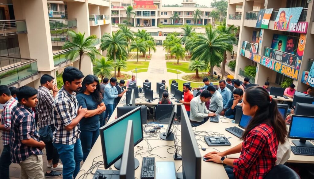 A bustling Indian tech campus with modern architecture, brimming with eager students engrossed in coding and engineering projects. The foreground features a diverse group of students collaborating at standing desks, their expressions focused and intent. In the middle ground, a well-equipped computer lab with rows of workstations and state-of-the-art equipment. The background showcases the campus grounds, lush with greenery and peppered with vibrant murals celebrating Indian culture and innovation. Warm, diffused lighting creates a sense of productivity and creative energy, while a wide-angle lens captures the scale and energy of this thriving center of tech education.