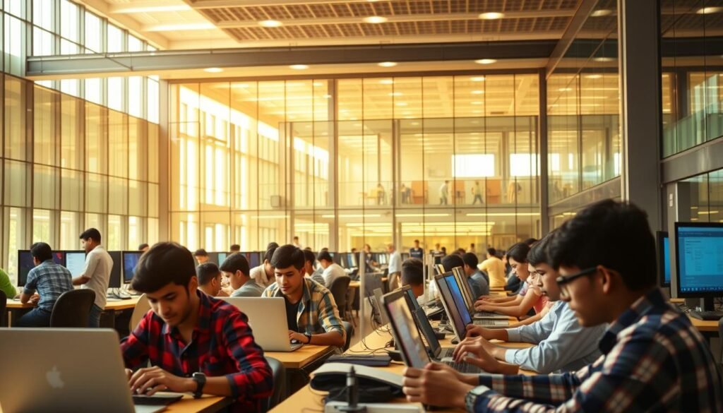 A bustling Indian tech campus, with students immersed in their studies. In the foreground, a group of young learners huddled over laptops, coding furiously. The middle ground features a state-of-the-art computer lab, filled with the hum of keyboards and the glow of monitors. In the background, a modern, glass-and-steel building housing lecture halls and collaborative spaces. Warm, natural lighting filters in, creating a vibrant, productive atmosphere. The scene conveys the energy, innovation, and promise of India's thriving tech education ecosystem.