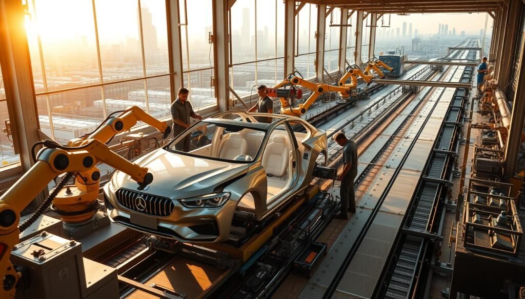 A bustling automotive factory in the heart of India, illuminated by warm, golden light streaming through expansive windows. In the foreground, robotic arms precisely assemble the sleek body panels of a new model car, while skilled technicians oversee the process. The middle ground showcases the sprawling production line, filled with conveyor belts and precision machinery, capturing the scale and efficiency of modern Indian manufacturing. In the background, a cityscape of towering skyscrapers and bustling streets reflects the dynamic growth of the Indian automobile industry, poised to shape the future of global transportation.