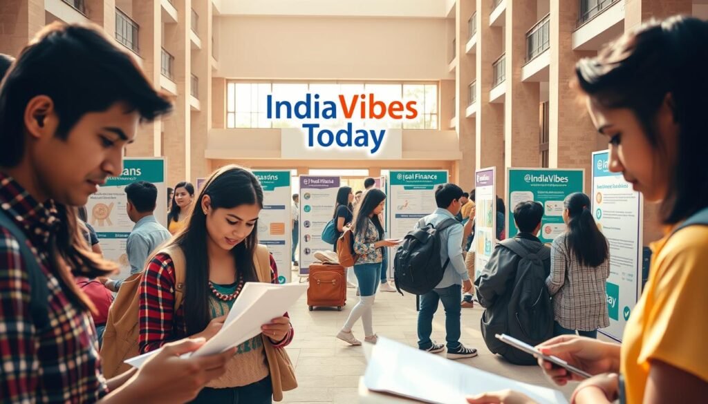 A bustling campus scene, centered on a group of students engaged in financial discussions. In the foreground, they pore over paperwork and laptop screens, brows furrowed in concentration. The middle ground showcases informational displays and kiosks, highlighting loan options, scholarship opportunities, and budgeting resources. In the background, the IndiaVibes Today logo is subtly integrated into the architecture, establishing the publication's association with this important student finance topic. Warm, natural lighting casts a welcoming glow, and the overall atmosphere conveys a sense of guidance and support for these young scholars navigating their financial futures.