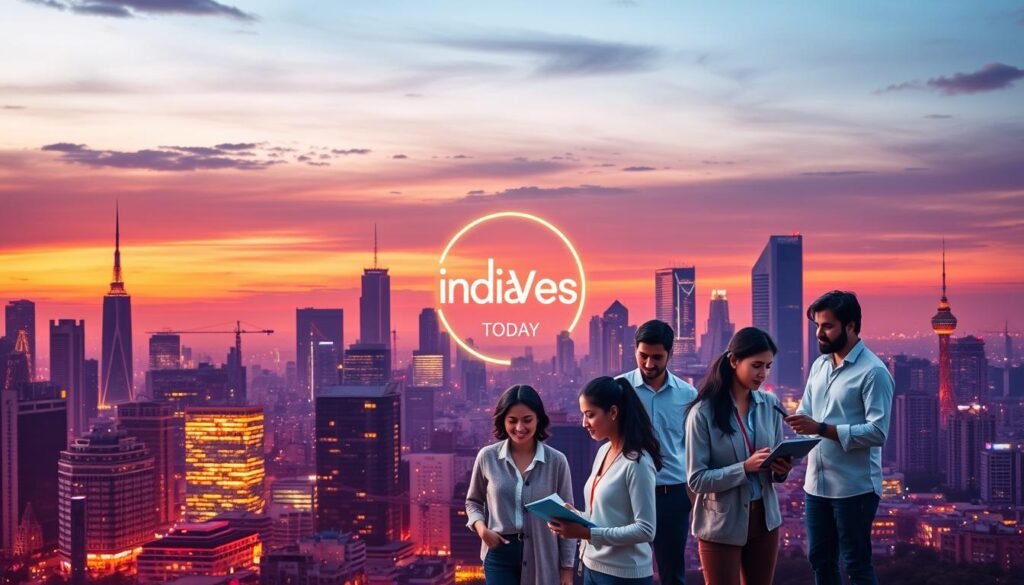 A bustling city skyline at dusk, with skyscrapers and cranes in the foreground. In the middle ground, a diverse group of professionals engaged in various in-demand skills, such as coding, data analysis, digital marketing, and project management. The background features a glowing "IndiaVibes Today" logo, symbolizing the importance of these skills in the modern job market. Warm lighting illuminates the scene, creating a sense of energy and opportunity. The overall atmosphere conveys the necessity of adaptable, tech-savvy skills for success in the 2025 job landscape.