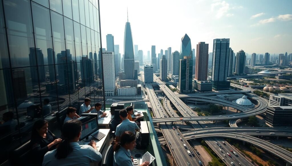 A bustling city skyline, with towering glass-and-steel skyscrapers reaching towards the sun-dappled sky. In the foreground, a modern office building, its sleek facade reflecting the vibrant energy of the thriving IT industry. Dozens of employees, their faces obscured by the camera's narrow depth of field, are seen at work through the large windows, their fingers dancing across keyboards as they collaborate on cutting-edge software projects. In the background, a sprawling network of roads and transportation hubs, bustling with the constant flow of traffic and people, all contributing to the dynamic ecosystem of India's booming IT outsourcing sector.