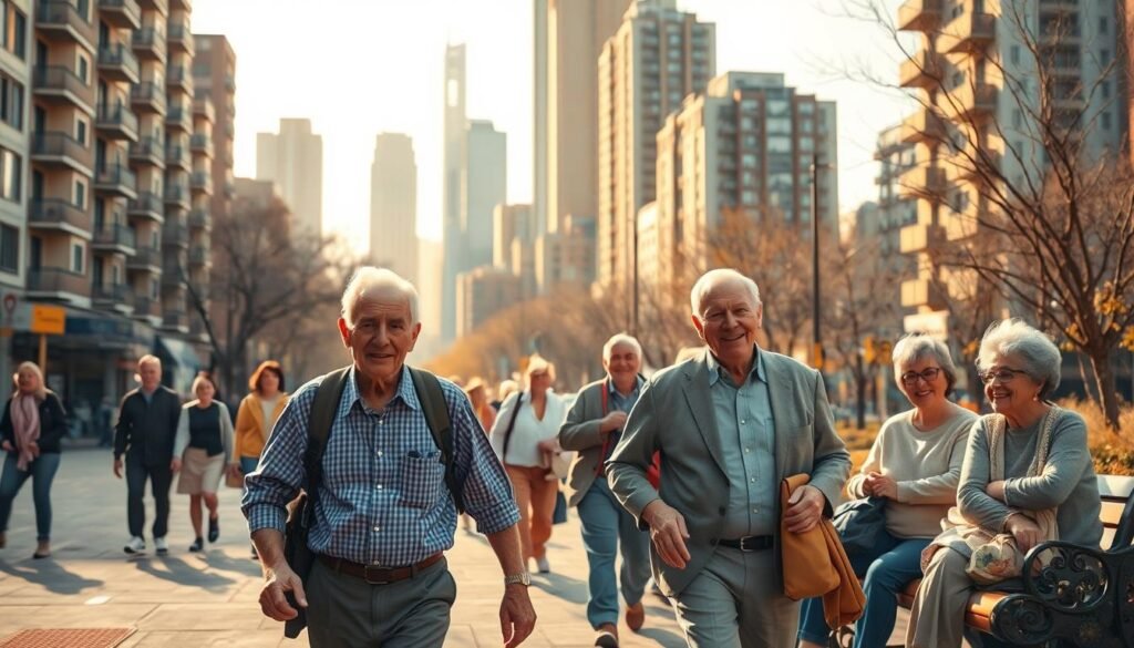A bustling city street, bustling with senior citizens navigating the sidewalks. In the foreground, an elderly couple strolling hand-in-hand, their weathered faces etched with wisdom. In the middle ground, a group of seniors chatting animatedly on a park bench, their laughter and gestures conveying a sense of vibrant community. In the background, towering apartment buildings and skyscrapers, a visual representation of the growing senior population. Soft, warm lighting casts a golden glow, creating a sense of comfort and belonging. The scene evokes a poignant blend of the challenges and joys of an aging demographic, inviting the viewer to consider the societal impacts of this profound demographic shift.