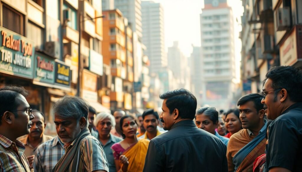 A bustling city street, with vibrant storefronts and towering buildings in the background. In the foreground, a diverse group of people engaged in lively conversation, their gestures and expressions reflecting the rich tapestry of regional dialects. The scene is bathed in warm, golden light, creating a sense of cultural vibrancy and community. The composition emphasizes the interplay of languages, with the characters' faces and body language conveying the nuances and variations of India's linguistic diversity.
