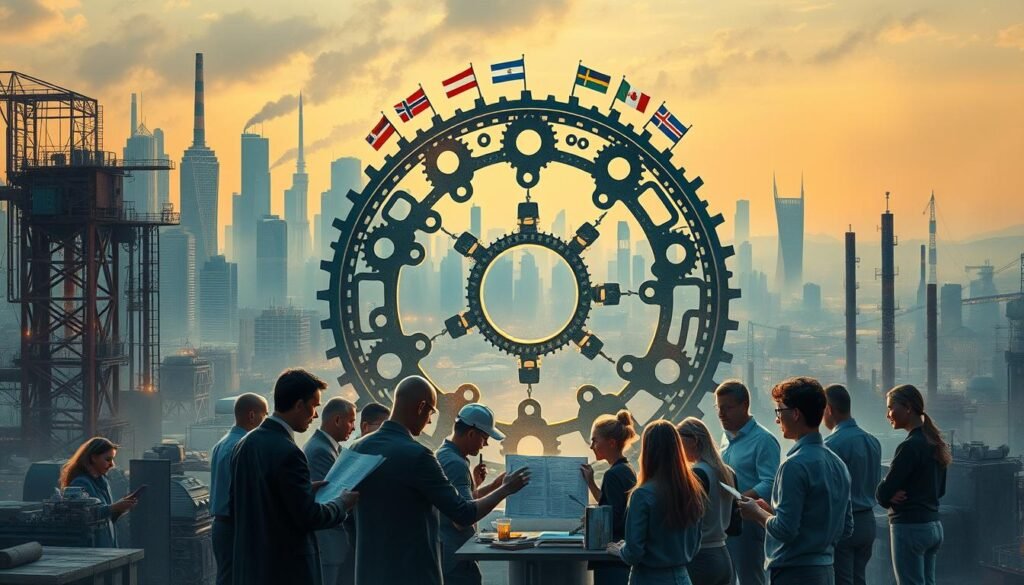 A bustling cityscape at dawn, skyscrapers and factories in the distance, with a central circular structure made of interlocking gears and pipes. In the foreground, a diverse group of people - engineers, policymakers, and entrepreneurs - collaborate on blueprints and models, their faces lit by a warm, collaborative glow. The background is hazy with a sense of international cooperation, with flags and symbols from various nations woven into the architecture. The overall mood is one of optimism, innovation, and a shared commitment to a sustainable, circular future. A bustling cityscape at dawn, skyscrapers and factories in the distance, with a central circular structure made of interlocking gears and pipes. In the foreground, a diverse group of people - engineers, policymakers, and entrepreneurs - collaborate on blueprints and models, their faces lit by a warm, collaborative glow. The background is hazy with a sense of international cooperation, with flags and symbols from various nations woven into the architecture. The overall mood is one of optimism, innovation, and a shared commitment to a sustainable, circular future.