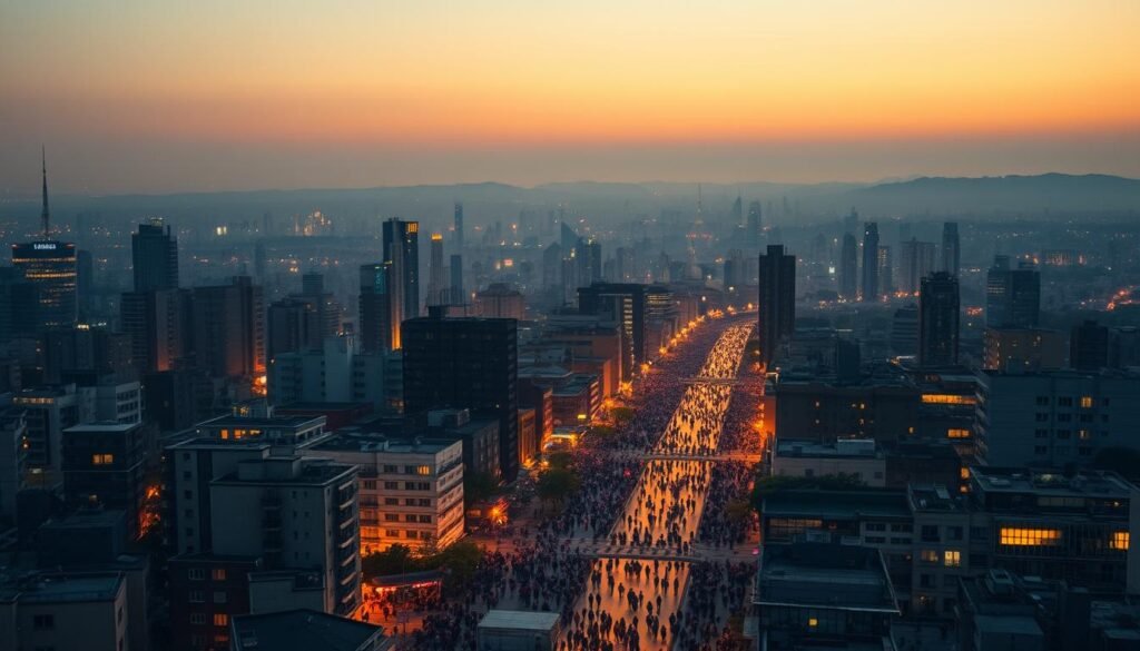 A bustling cityscape at dusk, teeming with the constant flow of people migrating from rural areas. In the foreground, a dense cluster of high-rise apartments and commercial buildings, their lights casting a warm glow over the streets below. In the middle ground, throngs of people making their way through the urban landscape, their silhouettes creating a sense of movement and activity. In the background, the hazy outline of the horizon, suggesting the vast expanse of the surrounding countryside that these migrants have left behind. The scene is illuminated by a soft, golden light, creating an atmospheric and evocative mood that captures the dynamism and energy of urban population growth.