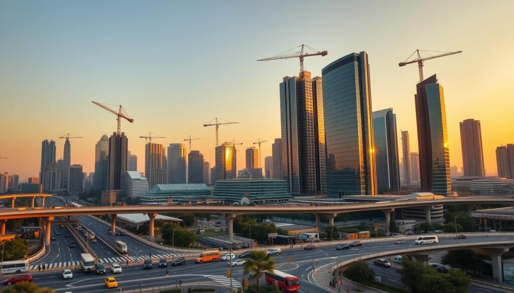 A bustling cityscape at golden hour, with towering skyscrapers and cranes dotting the skyline. In the foreground, a busy intersection teems with cars, buses, and pedestrians, capturing the dynamic energy of a thriving commercial hub. The middle ground features modern office buildings, their glass facades reflecting the warm hues of the setting sun. In the background, a network of highways and railways cuts through the urban landscape, symbolizing the efficient infrastructure that supports foreign direct investment. The scene conveys a sense of progress, opportunity, and the ever-evolving nature of India's economic landscape post-1991 reforms.