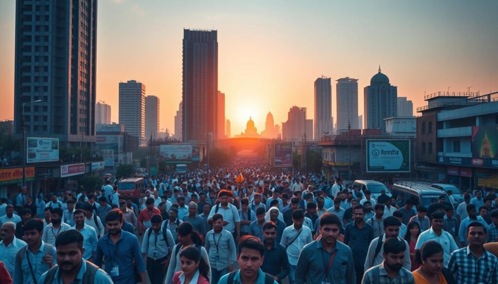 A bustling cityscape at the dawn of a new era, the vibrant streets of India reflect the energy of liberalization. Towering skyscrapers cast long shadows over a throng of people, each pursuing their own dreams of opportunity. In the foreground, a diverse array of entrepreneurs, professionals, and students navigate the dynamic landscape, their expressions a blend of determination and excitement. The middle ground showcases a blend of traditional and modern architecture, a testament to India's rich heritage and its embrace of progress. In the background, the horizon is bathed in a warm, golden glow, symbolizing the promise of a brighter future. Subtle hues of blue and green evoke a sense of optimism and growth, as the country ventures into uncharted territories of economic reform.