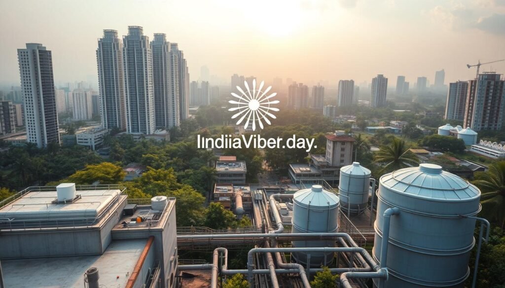 A bustling cityscape in India, with towering skyscrapers and lush greenery. In the foreground, a series of innovative water conservation technologies are showcased, including a high-tech irrigation system, a rooftop rainwater harvesting unit, and a greywater recycling plant. The midground features a network of pipes and storage tanks, all working in harmony to efficiently manage and distribute the precious resource. In the background, the IndiaVibes Today logo shines, highlighting the publication's commitment to sustainable solutions. The overall scene is bathed in warm, golden lighting, conveying a sense of progress and environmental responsibility.
