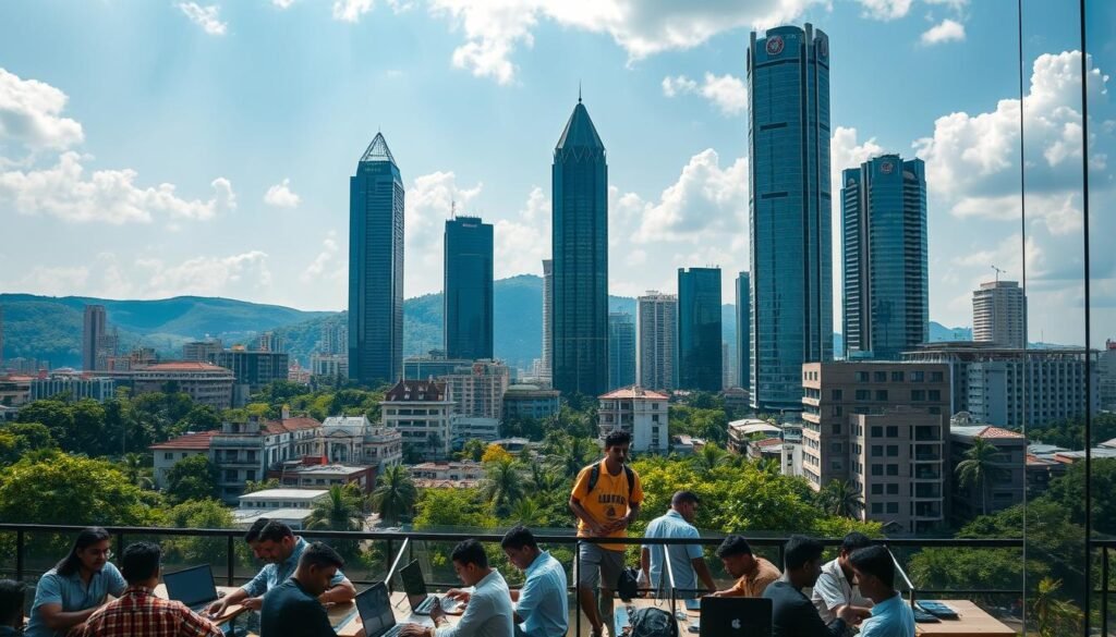 A bustling cityscape of Bengaluru, the vibrant heart of India's tech and startup ecosystem. Towering skyscrapers of glass and steel rise against a backdrop of lush green hills, their sleek modern facades reflecting the city's innovative spirit. In the foreground, coworking spaces and incubators teem with young entrepreneurs, their laptops and whiteboards a testament to the boundless creativity bubbling within. Sunlight streams through large windows, illuminating the collaborative energy of this urban hub. The scene evokes a sense of boundless potential, where the next game-changing idea could take root and transform the world.