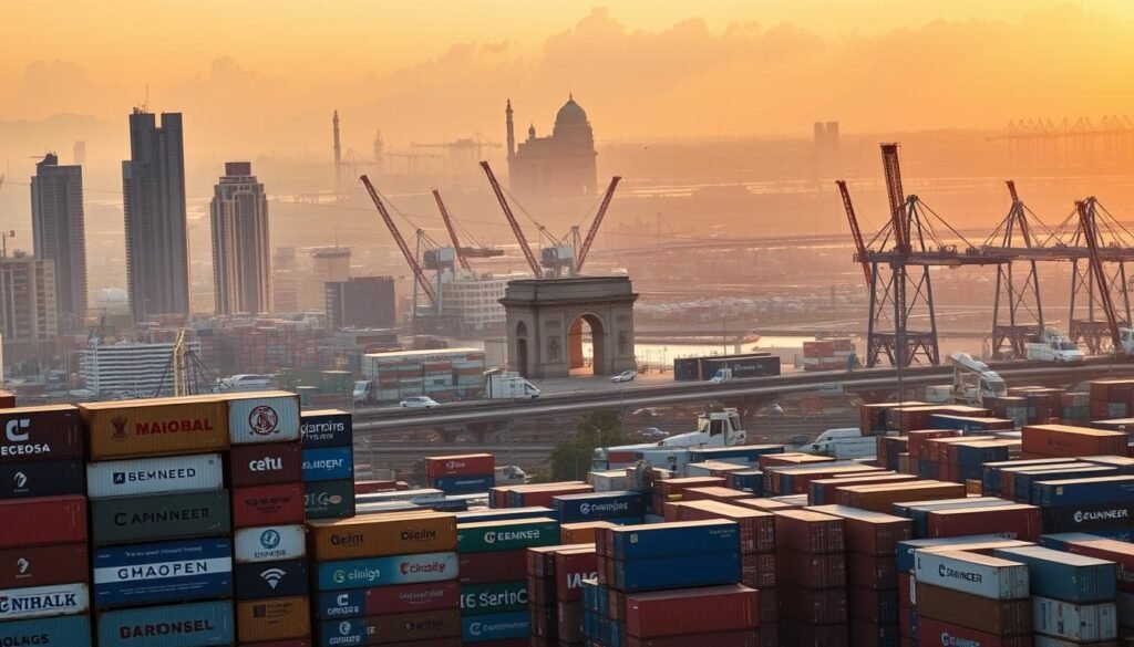 A bustling cityscape of Mumbai, India, showcases the vibrant hub of global trade. In the foreground, shipping containers are stacked high, their diverse logos representing the international flow of goods. Towering skyscrapers and cranes dot the skyline, casting long shadows under the warm, golden light of sunset. In the middle ground, a network of highways and railways weave through the urban landscape, carrying the lifeblood of commerce. The background reveals the iconic Gateway of India, standing as a testament to India's long-standing maritime heritage and its pivotal role in the world economy. The scene exudes a sense of energy, dynamism, and India's growing prominence as a major player in global trade.