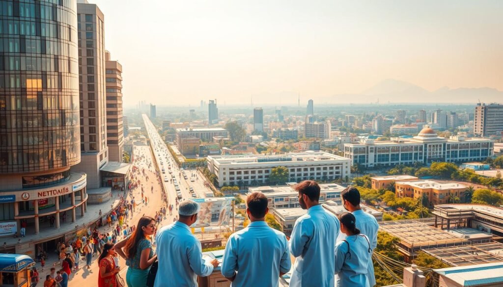 A bustling cityscape of modern glass skyscrapers and vibrant street markets, bathed in warm, golden sunlight. In the foreground, a group of diverse healthcare professionals – doctors, nurses, and technicians – gathered around a state-of-the-art telemedicine console, examining holographic patient data and discussing innovative solutions. In the middle ground, a panoramic view of a sprawling hospital campus, its cutting-edge facilities and well-equipped labs showcasing India's advancements in digital health and data-driven healthcare. In the background, a hazy silhouette of the Himalayas, symbolizing the country's ambitious strides towards equitable, accessible, and privacy-focused healthcare for all.