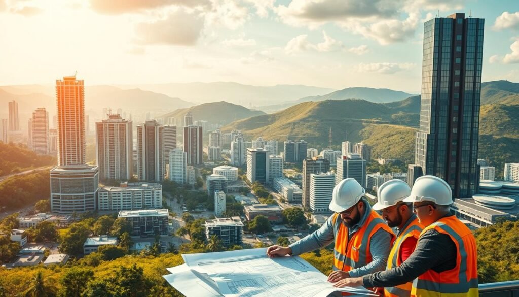 A bustling cityscape of modern high-rise buildings and sleek, glass-paneled offices set against a backdrop of lush, rolling hills. In the foreground, a group of engineers in hard hats and safety vests collaborating over blueprints, their faces alight with concentration. Warm, diffused sunlight filters through the scene, creating a sense of productivity and innovation. The composition emphasizes the synergy between the urban landscape and the skilled workforce, reflecting India's growing prominence as a global hub for engineering outsourcing.