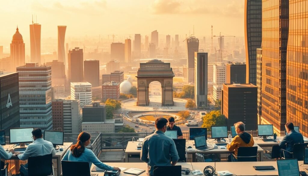 A bustling cityscape of modern skyscrapers and sleek tech hubs, bathed in warm, golden lighting. In the foreground, teams of engineers collaborate at standing desks, lines of code reflected in their focused gazes. The middle ground reveals a network of high-speed data cables, crisscrossing between gleaming office towers. In the distance, the iconic India Gate and other historic landmarks stand as a testament to the country's rich engineering heritage, now seamlessly blended with cutting-edge innovation. An atmosphere of productivity, collaboration, and global connectivity permeates the scene, capturing the essence of India's evolving role in the world of engineering outsourcing.