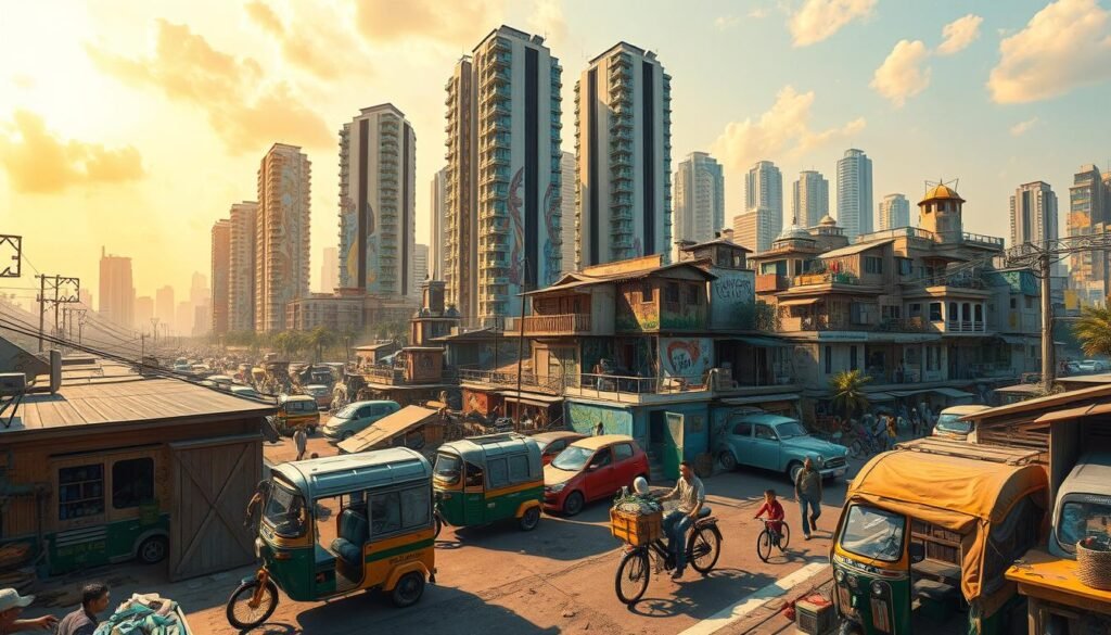 A bustling cityscape of the future, where ingenuity and resourcefulness reign supreme. In the foreground, a teeming marketplace showcases an array of innovative, repurposed contraptions - solar-powered rickshaws, water filtration systems built from scrap, and compact, modular homes constructed from sustainable materials. The middle ground reveals towering skyscrapers adorned with vibrant murals, their facades integrated with renewable energy technologies. In the background, a vibrant, hazy sky bathes the scene in a warm, golden light, reflecting the spirit of resilience and adaptability that defines this vision of India's frugal future. Intricate details and a sense of dynamism capture the essence of "Jugaad" - the art of creating smart solutions from limited resources.