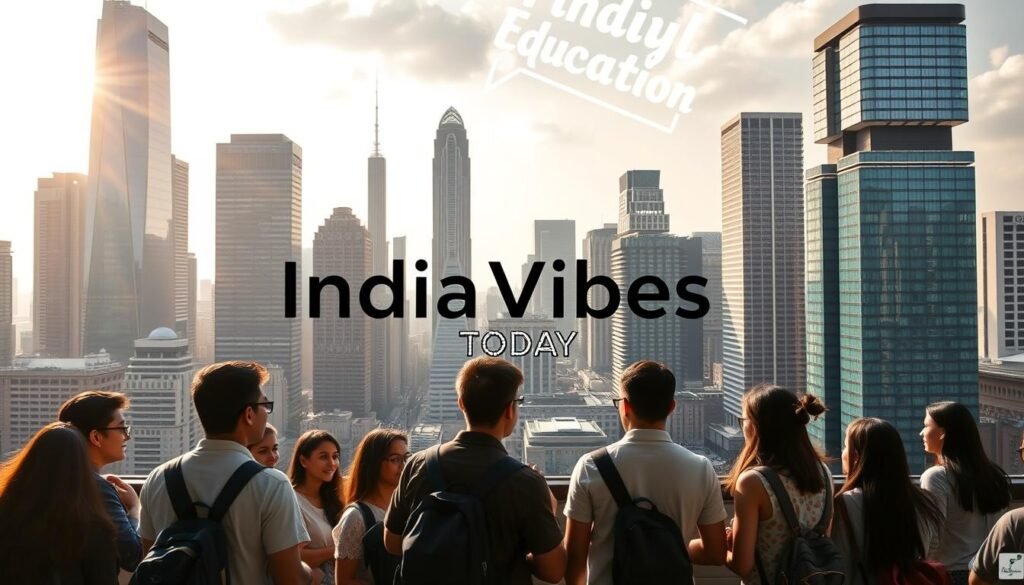 A bustling cityscape with skyscrapers and modern architecture, showcasing the diverse range of educational institutions and international organizations. In the foreground, a group of students from different nationalities engage in animated discussions, representing the global nature of education. Sunlight filters through the windows, casting a warm, inspiring glow. In the background, a large IndiaVibes Today logo signifies the publication's commitment to reporting on international education opportunities. The scene conveys a sense of collaboration, innovation, and the boundless potential of global education funding.