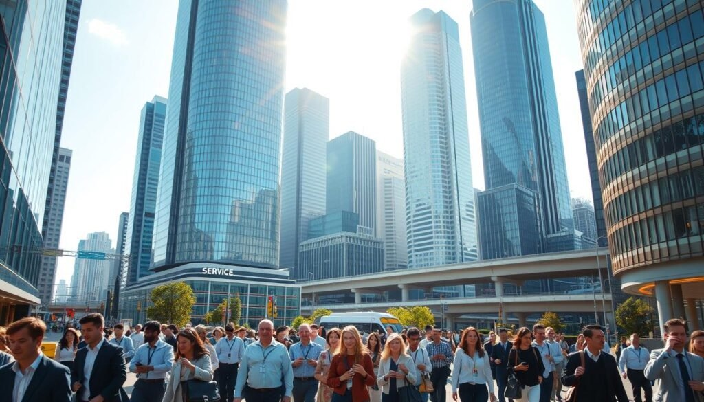A bustling cityscape with towering glass skyscrapers and modern office buildings. In the foreground, people hurry along busy sidewalks, carrying briefcases and smartphones, representing the vibrant service sector. The middle ground features various service-oriented businesses - banks, IT firms, consulting companies, and call centers. Sunlight filters through the windows, casting a warm, professional glow over the scene. In the background, a network of elevated highways and public transportation systems convey the dynamism and connectivity of the service economy. The overall atmosphere evokes a sense of productivity, innovation, and economic progress.
