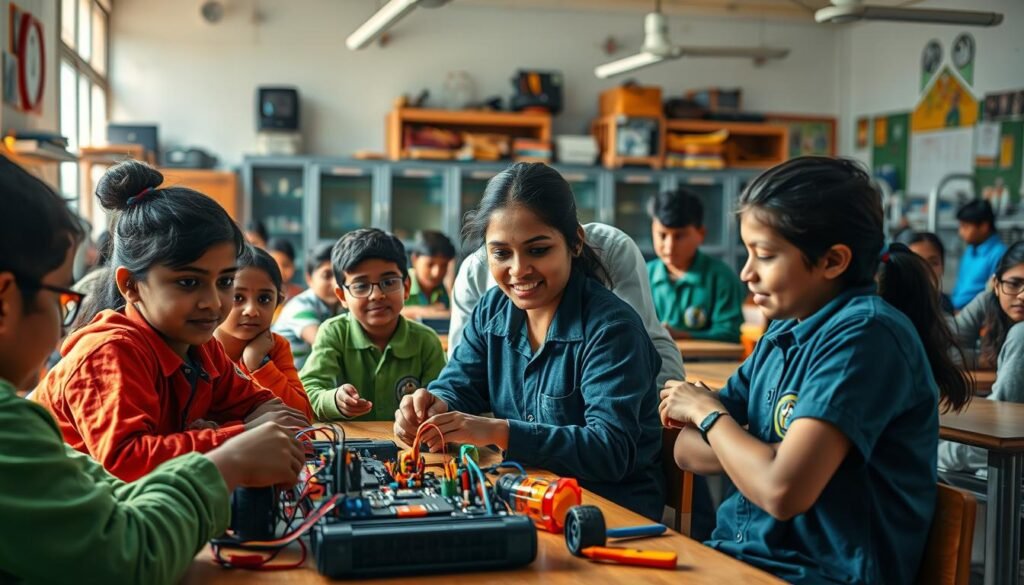 A bustling classroom in India, filled with eager STEM students engaged in hands-on learning. In the foreground, a group of students work collaboratively on a robotics project, their faces alight with curiosity and concentration. In the middle ground, the teacher guides them, using a mix of traditional and digital teaching methods. The background reveals a well-equipped lab, with state-of-the-art equipment and technological tools, reflecting India's commitment to advancing STEM education. Vibrant colors, natural lighting, and a sense of dynamism capture the energy and potential of this educational environment, preparing the next generation for the demands of the future workforce. A bustling classroom in India, filled with eager STEM students engaged in hands-on learning. In the foreground, a group of students work collaboratively on a robotics project, their faces alight with curiosity and concentration. In the middle ground, the teacher guides them, using a mix of traditional and digital teaching methods. The background reveals a well-equipped lab, with state-of-the-art equipment and technological tools, reflecting India's commitment to advancing STEM education. Vibrant colors, natural lighting, and a sense of dynamism capture the energy and potential of this educational environment, preparing the next generation for the demands of the future workforce.