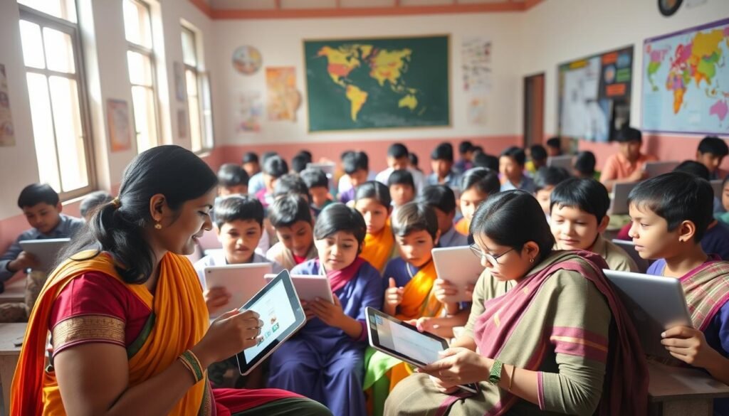 A bustling classroom in a rural Indian village, filled with eager students learning on modern tablets and laptops. Sunlight streams through large windows, illuminating the vibrant colors of the students' uniforms and the sleek technology they wield. In the foreground, a teacher guides a small group, demonstrating an educational app on a touchscreen display. The middle ground showcases students collaborating on group projects, their faces alight with excitement. In the background, the walls are adorned with colorful educational posters and maps, reflecting the融合of tradition and technology shaping the future of education in India. A bustling classroom in a rural Indian village, filled with eager students learning on modern tablets and laptops. Sunlight streams through large windows, illuminating the vibrant colors of the students' uniforms and the sleek technology they wield. In the foreground, a teacher guides a small group, demonstrating an educational app on a touchscreen display. The middle ground showcases students collaborating on group projects, their faces alight with excitement. In the background, the walls are adorned with colorful educational posters and maps, reflecting the融合of tradition and technology shaping the future of education in India.