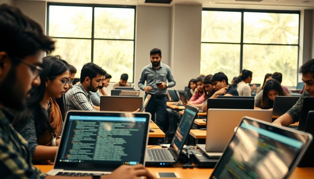 A bustling coding bootcamp in India, the foreground features a group of diverse students intently focused on their laptops, lines of code reflected in their intense gazes. In the middle ground, an instructor paces between desks, guiding and encouraging. The background reveals a modern, well-equipped classroom with large windows allowing warm natural light to flood the space, conveying a sense of productivity and learning. The overall scene exudes a dynamic, collaborative atmosphere, capturing the energy and promise of India's thriving tech education landscape.