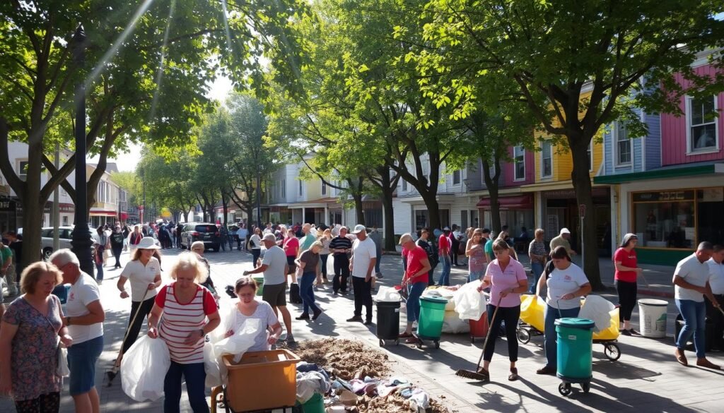 A bustling community square, sunlight streaming in through the leaves of lush trees. In the foreground, a group of volunteers enthusiastically collecting litter and debris, working together to clean and maintain the public space. In the middle ground, residents of all ages participate, some sweeping the paths, others sorting recyclables. In the background, colorful houses and shops line the streets, reflecting the vibrant energy of the neighborhood. The scene conveys a sense of shared responsibility and pride, with the community united in their efforts to keep their local environment clean and sustainable. A bustling community square, sunlight streaming in through the leaves of lush trees. In the foreground, a group of volunteers enthusiastically collecting litter and debris, working together to clean and maintain the public space. In the middle ground, residents of all ages participate, some sweeping the paths, others sorting recyclables. In the background, colorful houses and shops line the streets, reflecting the vibrant energy of the neighborhood. The scene conveys a sense of shared responsibility and pride, with the community united in their efforts to keep their local environment clean and sustainable.
