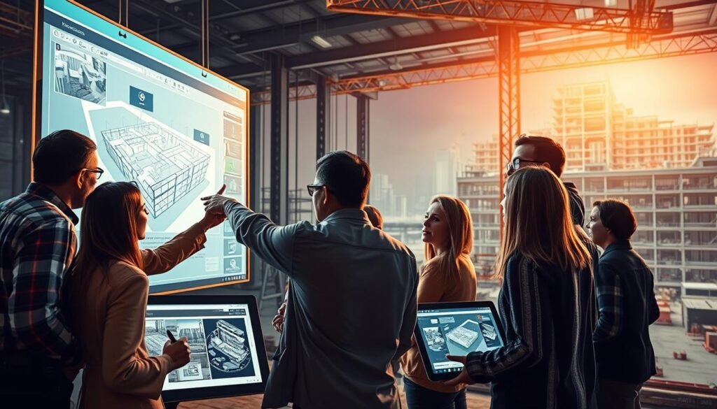 A bustling construction site comes to life with collaborative BIM technology. In the foreground, a team of architects, engineers, and project managers gather around a large digital display, reviewing 3D models and coordinating project details. Warm, directional lighting illuminates their focused expressions as they point and gesture, their dynamic movements capturing the energy of real-time collaboration. In the middle ground, tablets and laptops showcase interactive BIM software, enabling remote team members to join the discussion seamlessly. The background depicts a sprawling, meticulously detailed building model, its intricate components a testament to the power of integrated project communication.