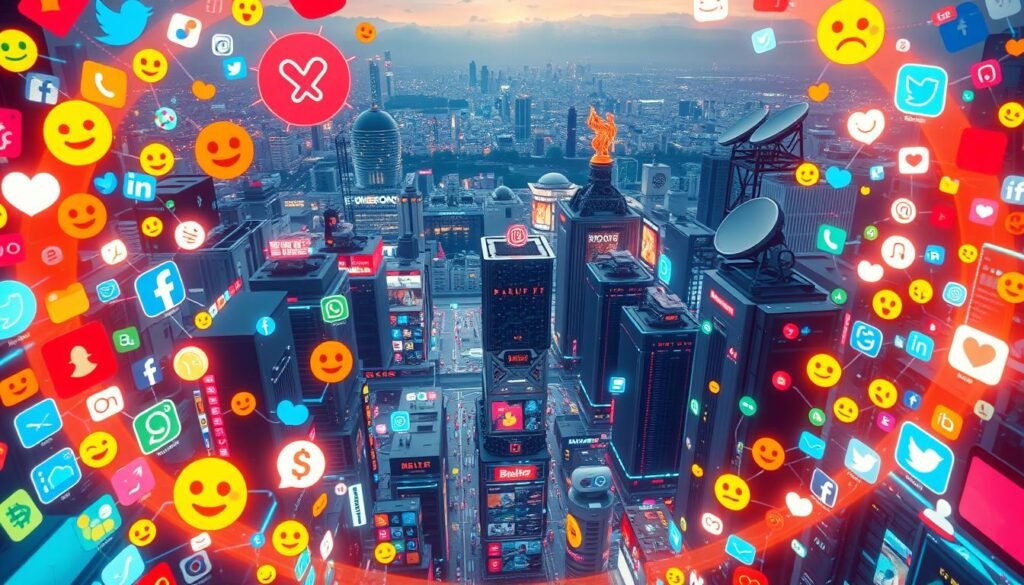 A bustling digital cityscape, alive with the vibrant interplay of trending social media icons and platforms. In the foreground, a kaleidoscope of emojis, hashtags, and viral memes cascade across the screen, capturing the ever-evolving language of the online world. The middle ground is a labyrinth of app logos and messaging bubbles, pulsing with the constant exchange of information and ideas. In the background, a panoramic view of towering data servers and satellite dishes, the technological infrastructure that enables this global conversation. Warm, neon-tinged lighting casts a futuristic glow, evoking the rapid pace of digital evolution. Captured through a cinematic, wide-angle lens, the scene conveys the profound impact of social media on modern language and communication.