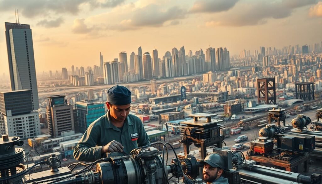 A bustling engineering hub in India, with skyscrapers and modern architectural marvels adorning the skyline. In the foreground, a team of engineers collaborating on a complex project, their faces alight with determination. The middle ground showcases state-of-the-art facilities and cutting-edge technology, as technicians meticulously work on various components. In the background, a panoramic view of the city, bustling with activity and energy, symbolizing the scale and impact of India's engineering outsourcing industry. Warm, golden lighting casts a sense of productivity and innovation, while a wide-angle lens captures the dynamism and scope of this transformative sector.