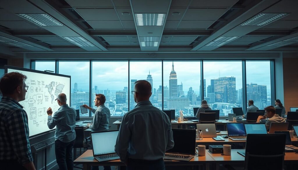 A bustling engineering office, bathed in the soft glow of overhead lighting. In the foreground, engineers collaborate on a virtual whiteboard, their faces lit by the screens as they brainstorm and sketch ideas. The middle ground reveals rows of desks, each with a laptop and a mug of coffee, signifying the individual focus and concentration required. In the background, the panoramic windows offer a breathtaking view of a modern city skyline, symbolizing the global reach and ambition of the engineering enterprise. The atmosphere is one of focused productivity, with a touch of technological elegance and a sense of forward momentum.