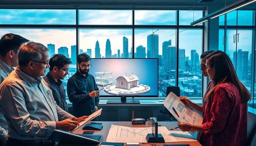 A bustling engineering office, where diverse teams from India, the U.S., and Norway collaborate on a complex project. The foreground features engineers of varied ethnicities intently focused on technical diagrams, exchanging ideas and sketching solutions. In the middle ground, a virtual 3D model rotates on a large screen, illuminating the workspace with a soft, ambient glow. The background showcases panoramic windows overlooking a skyline that blends modern skyscrapers with traditional architectural elements, symbolizing the bridging of cultures. Warm, indirect lighting casts a collaborative atmosphere, while the composition highlights the harmony of cross-cultural partnership in engineering.