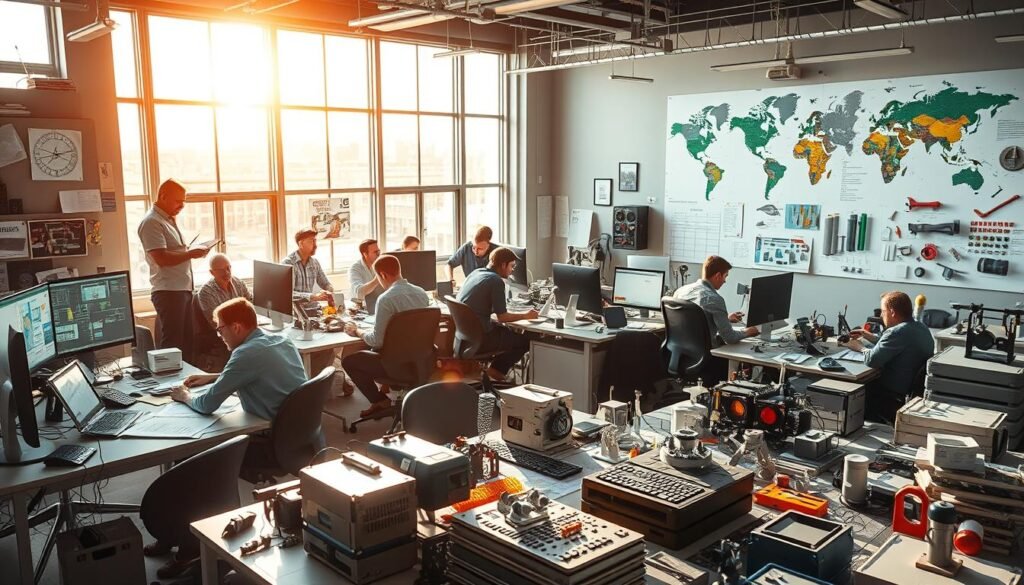 A bustling engineering office, with teams collaboratively working on complex technical projects. Sunlight streams through expansive windows, illuminating desks adorned with engineering equipment and technical schematics. In the foreground, engineers peer intently at computer screens, brainstorming innovative solutions. The middle ground showcases an array of 3D-printed prototypes and engineering models, while the background features a wall-mounted display showcasing the company's global reach and diverse client portfolio. The atmosphere exudes a sense of productivity, problem-solving, and the collective drive to push the boundaries of engineering excellence.
