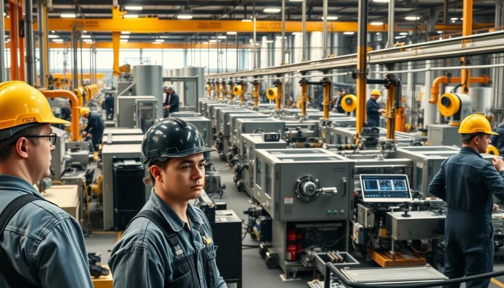 A bustling factory floor, machinery humming with efficiency. In the foreground, workers in hard hats and overalls oversee the automated assembly lines, their faces etched with determination. The middle ground showcases sleek, state-of-the-art production equipment, gleaming under the warm, industrial lighting. In the background, towering cranes and storage silos hint at the scale of this privatized manufacturing operation. The atmosphere is one of progress, productivity, and the steady march of technological advancement, as the once state-controlled industry has now been liberated to pursue its own entrepreneurial vision.