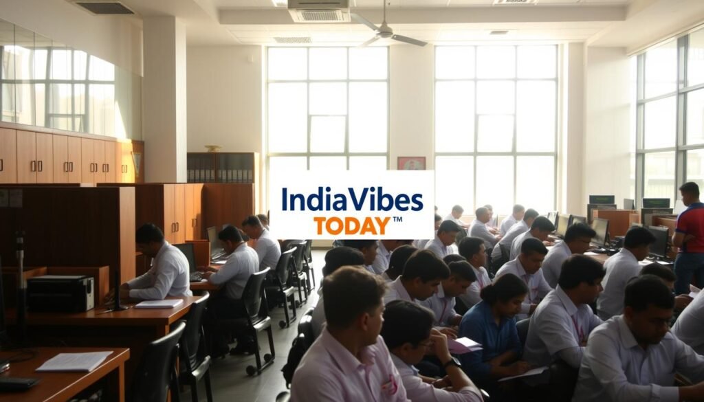 A bustling government office, sunlight streaming through large windows, illuminating the polished wooden desks and filing cabinets lining the walls. Uniformed employees diligently typing away on their computers, the air filled with the sound of keyboards clacking and phones ringing. In the foreground, a group of applicants sitting patiently, their resumes in hand, hoping to secure a coveted "sarkari naukri" or government job. The IndiaVibes Today logo is prominently displayed on a sign in the background, subtly branding the scene.