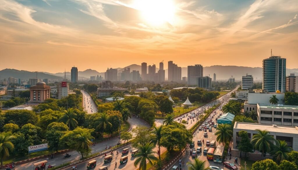 A bustling metropolis, Bengaluru's skyline rises against a backdrop of lush, verdant hills. In the foreground, gleaming high-rise towers and modern office buildings housing India's thriving tech industry. Bustling streets teeming with commuters, autorickshaws, and food vendors, capturing the vibrant energy of the city. Midground features lush parks and gardens, offering oases of calm amidst the urban landscape. Warm, golden sunlight filters through wispy clouds, illuminating the scene with a sense of prosperity and innovation. Shot with a wide-angle lens to capture the scale and dynamism of this IT powerhouse, the image conveys Bengaluru's emergence as the epicenter of India's digital revolution.