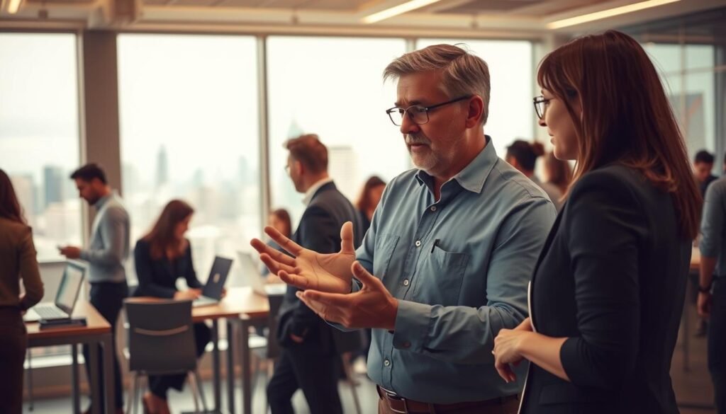 A bustling modern office setting, with a diverse group of professionals engaged in various tasks. Prominently featured in the foreground is a central figure, a mature adult learner, immersed in an interactive digital display, hands gesturing excitedly as they navigate through a series of learning modules. The middle ground showcases colleagues collaborating at standing desks, exchanging ideas and providing guidance. In the background, an expansive view of a dynamic urban skyline, hinting at the rapidly evolving work landscape. Warm, diffused lighting casts a sense of productivity and progress, while the overall composition conveys a spirit of lifelong learning, adaptability, and the continuous upskilling essential for thriving in the era of Work 4.0. A bustling modern office setting, with a diverse group of professionals engaged in various tasks. Prominently featured in the foreground is a central figure, a mature adult learner, immersed in an interactive digital display, hands gesturing excitedly as they navigate through a series of learning modules. The middle ground showcases colleagues collaborating at standing desks, exchanging ideas and providing guidance. In the background, an expansive view of a dynamic urban skyline, hinting at the rapidly evolving work landscape. Warm, diffused lighting casts a sense of productivity and progress, while the overall composition conveys a spirit of lifelong learning, adaptability, and the continuous upskilling essential for thriving in the era of Work 4.0.
