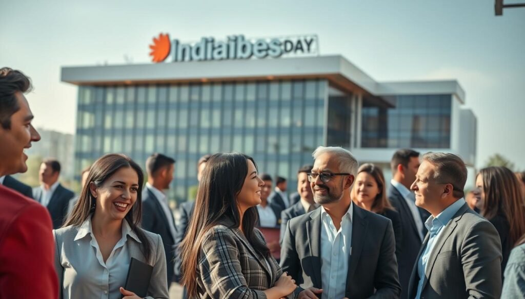 A bustling office scene in the public sector, captured through the lens of a wide-angle camera. In the foreground, a group of professionals in business attire engage in animated discussions, their faces alight with the prospect of career growth. The middle ground features a well-appointed conference room, where a team collaborates on a project, their expressions focused and determined. In the background, a sleek, modern building adorned with the "IndiaVibes Today" logo stands as a symbol of the dynamic and thriving public sector. Warm, natural lighting suffuses the scene, creating a sense of energy and optimism. The overall atmosphere conveys the promise of advancement and the fulfillment of professional aspirations within the public domain.