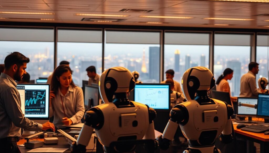 A bustling office scene, where humans and AI-powered machines coexist seamlessly. In the foreground, a team of professionals collaborates on a digital dashboard, their faces illuminated by the soft glow of computer screens. In the middle ground, robotic assistants move with precision, handling mundane tasks to free up the human workers. The background is a panoramic view of the cityscape, reflecting the dynamic and ever-evolving nature of the modern workplace. Warm, diffused lighting casts a sense of harmony and efficiency, while the overall composition conveys the seamless integration of technology and human expertise in the current Indian job landscape. A bustling office scene, where humans and AI-powered machines coexist seamlessly. In the foreground, a team of professionals collaborates on a digital dashboard, their faces illuminated by the soft glow of computer screens. In the middle ground, robotic assistants move with precision, handling mundane tasks to free up the human workers. The background is a panoramic view of the cityscape, reflecting the dynamic and ever-evolving nature of the modern workplace. Warm, diffused lighting casts a sense of harmony and efficiency, while the overall composition conveys the seamless integration of technology and human expertise in the current Indian job landscape.
