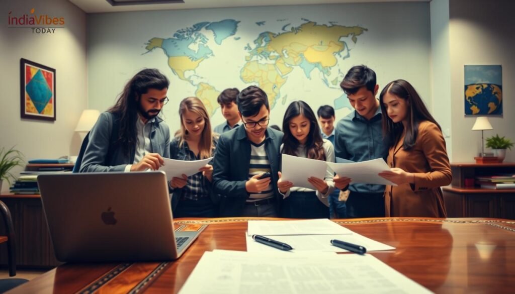 A bustling office scene with a large, ornate wooden desk in the foreground, showcasing a stack of documents, a laptop, and a pen. In the middle ground, a group of diverse international students carefully reviewing paperwork, their expressions ranging from contemplation to frustration. In the background, a world map adorns the wall, subtly hinting at the global nature of student loans. The lighting is warm and inviting, creating a sense of professionalism and seriousness. Rendered in the IndiaVibes Today style, this image captures the essence of "Understanding Education Loans for International Studies".