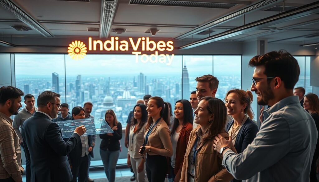 A bustling office scene with cutting-edge technology at the forefront. In the foreground, a group of professionals huddle around a sleek, holographic display, meticulously analyzing data and reviewing candidate profiles. Overhead, a large IndiaVibes Today logo casts a warm glow, illuminating the space. The middle ground features a diverse array of job seekers, their expressions a mix of excitement and anticipation, as they engage with AI-powered recruitment tools. In the background, a panoramic view of a futuristic cityscape, complete with gleaming skyscrapers and advanced transportation systems, sets the stage for this technological revolution in hiring practices. The scene exudes a sense of innovation, efficiency, and a vision for the future of the job market.