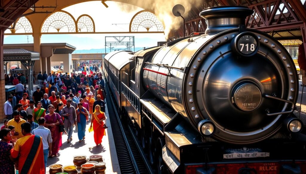 A bustling railway station in India, sunlight streaming through the ornate arched windows. A crowd of passengers hurry along the platform, their colorful saris and kurtas creating a vibrant tapestry. In the foreground, a grand locomotive engine waits patiently, its gleaming metal body reflecting the vibrant hues of the scene. Vendors sell fragrant spices and steaming chai from their stalls, the aroma wafting through the air. In the distance, mountains loom, hazy blue silhouettes against the horizon. The atmosphere is one of efficient motion and timeless tradition, capturing the convenience and allure of train travel in India.