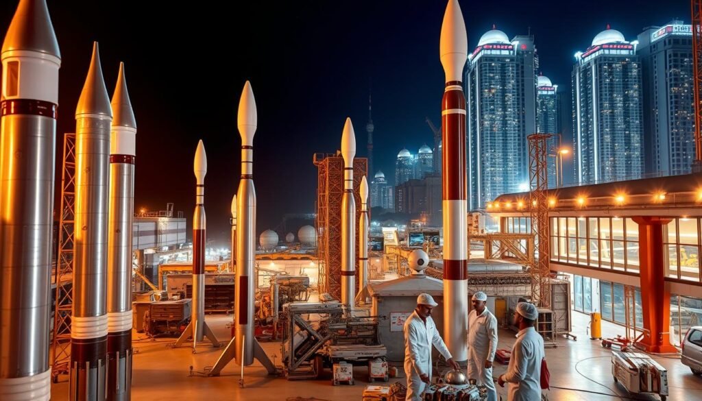 A bustling scene of India's private space sector, illuminated by the warm glow of futuristic spacecraft and satellites. In the foreground, cutting-edge rockets stand tall, their sleek metallic frames gleaming under precise, focused lighting. Engineers in clean-room attire meticulously inspect the payloads, their expressions reflecting a sense of dedication and innovation. In the middle ground, state-of-the-art research facilities and control centers hum with activity, their large windows offering glimpses of the high-tech operations within. The background is framed by a cityscape of gleaming skyscrapers, symbolizing the technological prowess and entrepreneurial spirit driving India's private space ambitions. The overall atmosphere conveys a sense of momentum, as this dynamic sector propels the nation's space exploration and satellite capabilities to new heights.