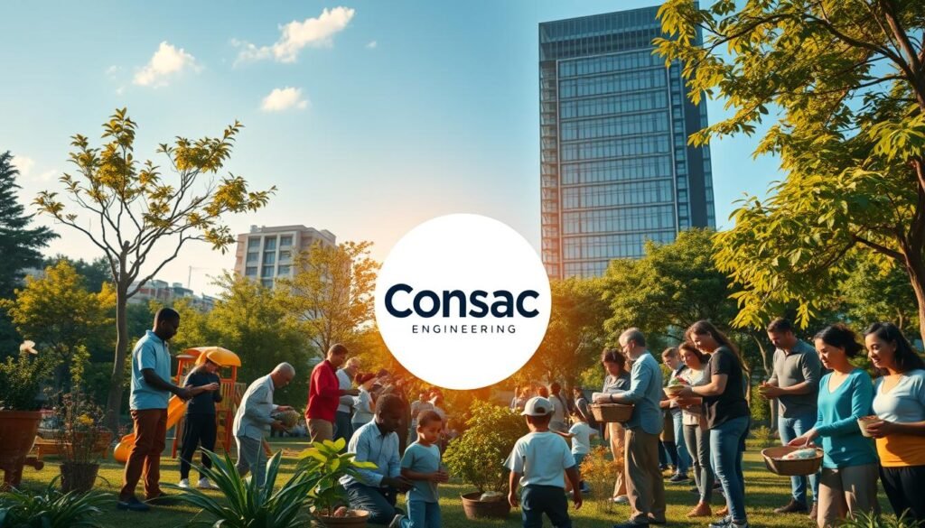 A bustling scene of a modern engineering company's global impact, with a towering office building in the background, surrounded by lush greenery and a clear blue sky. In the foreground, a diverse group of employees engaged in various community-focused activities, such as building a playground, planting trees, and distributing food to those in need. The middle ground features a prominent Consac Engineering logo, symbolizing the company's commitment to sustainable and socially responsible practices. Warm, soft lighting illuminates the scene, creating a sense of unity and purpose. The overall composition conveys Consac's dedication to making a positive difference in the world through its engineering expertise and community involvement.