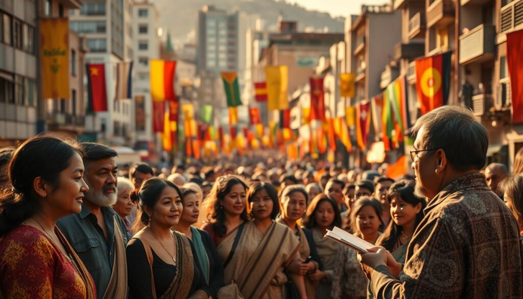 A bustling scene of language preservation efforts, captured in a vibrant, cinematic style. In the foreground, a group of people of diverse ages and ethnicities gather around a traditional storyteller, their faces alight with fascination as they listen intently. In the middle ground, colorful banners and flags flutter in the breeze, showcasing the rich linguistic tapestry of the region. The background is filled with a blend of modern and historic buildings, suggesting the coexistence of tradition and progress. The lighting is warm and golden, casting a soft, inviting glow over the entire scene, evoking a sense of community and cultural celebration. The camera angle is slightly elevated, providing a panoramic view that emphasizes the scale and importance of these language preservation initiatives.
