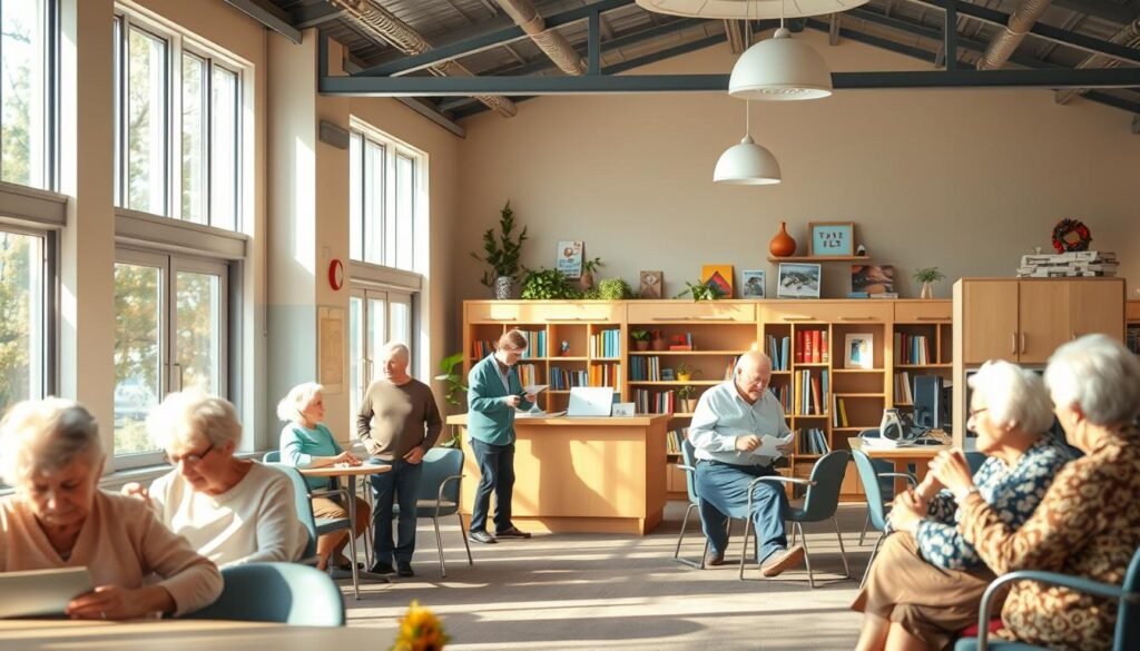 A bustling senior community center, bathed in soft natural light filtering through large windows. In the foreground, elderly residents engage in group activities - a gentle exercise class, a lively game of cards, and a cozy knitting circle. The middle ground features a help desk where an attentive staff member assists a senior citizen with paperwork. In the background, a well-stocked library and computer lab offer educational resources and technology support. The atmosphere is warm, welcoming, and inclusive, reflecting the government's dedication to providing comprehensive services that empower the aging population.