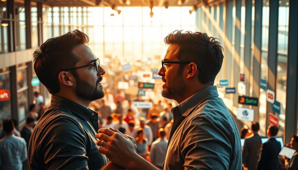 A bustling startup landscape, where entrepreneurs navigate the intricate dance of competition. In the foreground, two founders locked in a heated yet respectful exchange, their expressions intense as they debate strategies and tactics. The middle ground showcases a myriad of startups, each vying for market share, their logos and branding visible against a backdrop of sleek, modern architecture. Shafts of warm, golden light filter through the windows, casting a vibrant, energetic glow over the scene. The atmosphere is one of fierce yet healthy rivalry, where the pursuit of innovation and success coexists with an underlying spirit of camaraderie and mutual respect. This image captures the essence of the role competition plays in the journey of startup success. A bustling startup landscape, where entrepreneurs navigate the intricate dance of competition. In the foreground, two founders locked in a heated yet respectful exchange, their expressions intense as they debate strategies and tactics. The middle ground showcases a myriad of startups, each vying for market share, their logos and branding visible against a backdrop of sleek, modern architecture. Shafts of warm, golden light filter through the windows, casting a vibrant, energetic glow over the scene. The atmosphere is one of fierce yet healthy rivalry, where the pursuit of innovation and success coexists with an underlying spirit of camaraderie and mutual respect. This image captures the essence of the role competition plays in the journey of startup success.